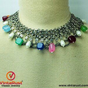 Multicolor Stones Choker Necklace, Silver Boho Choker With Pearls